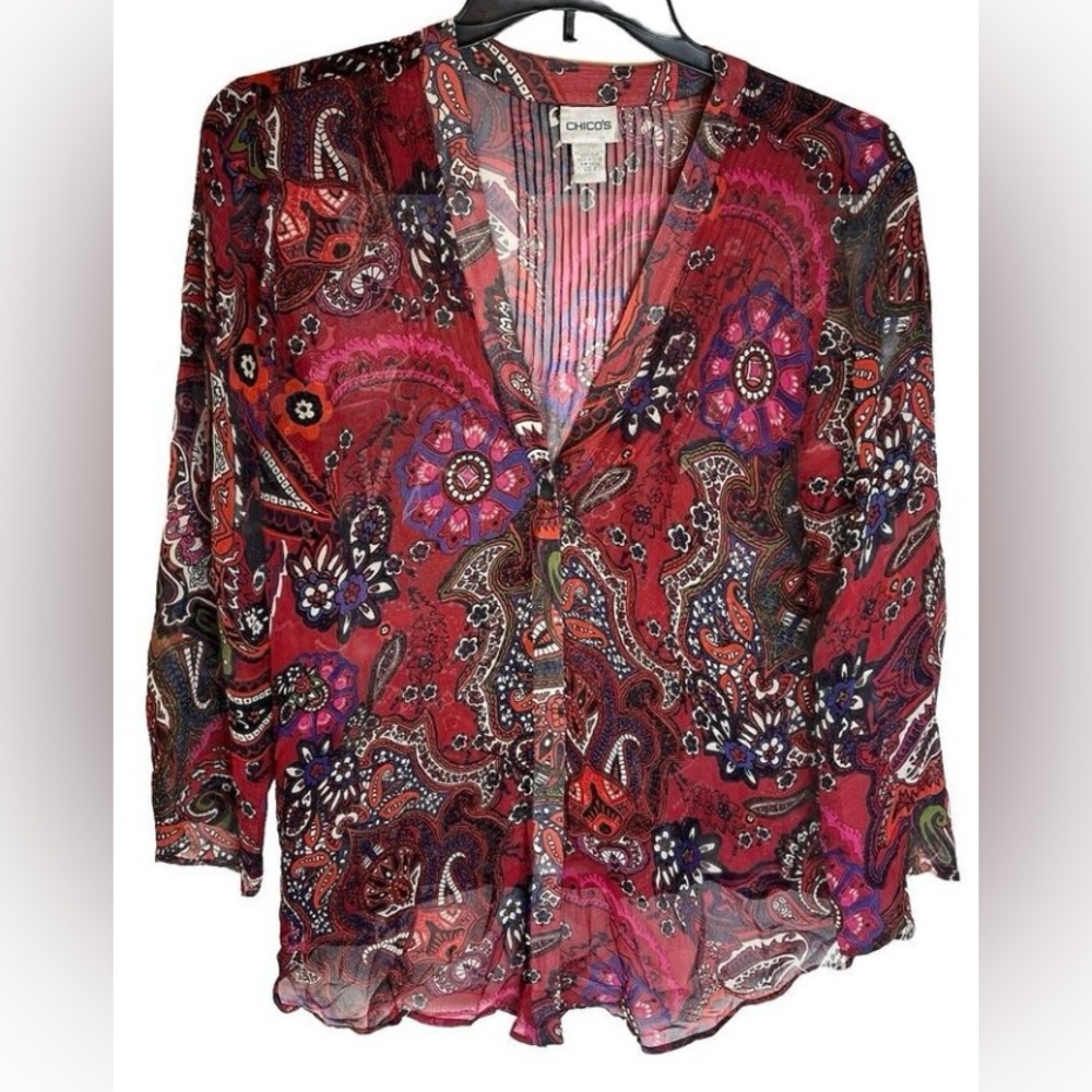 🍇Chico's Paisley Floral Multi Color Silk LongSleeves Multicolor Blouse  2 Large